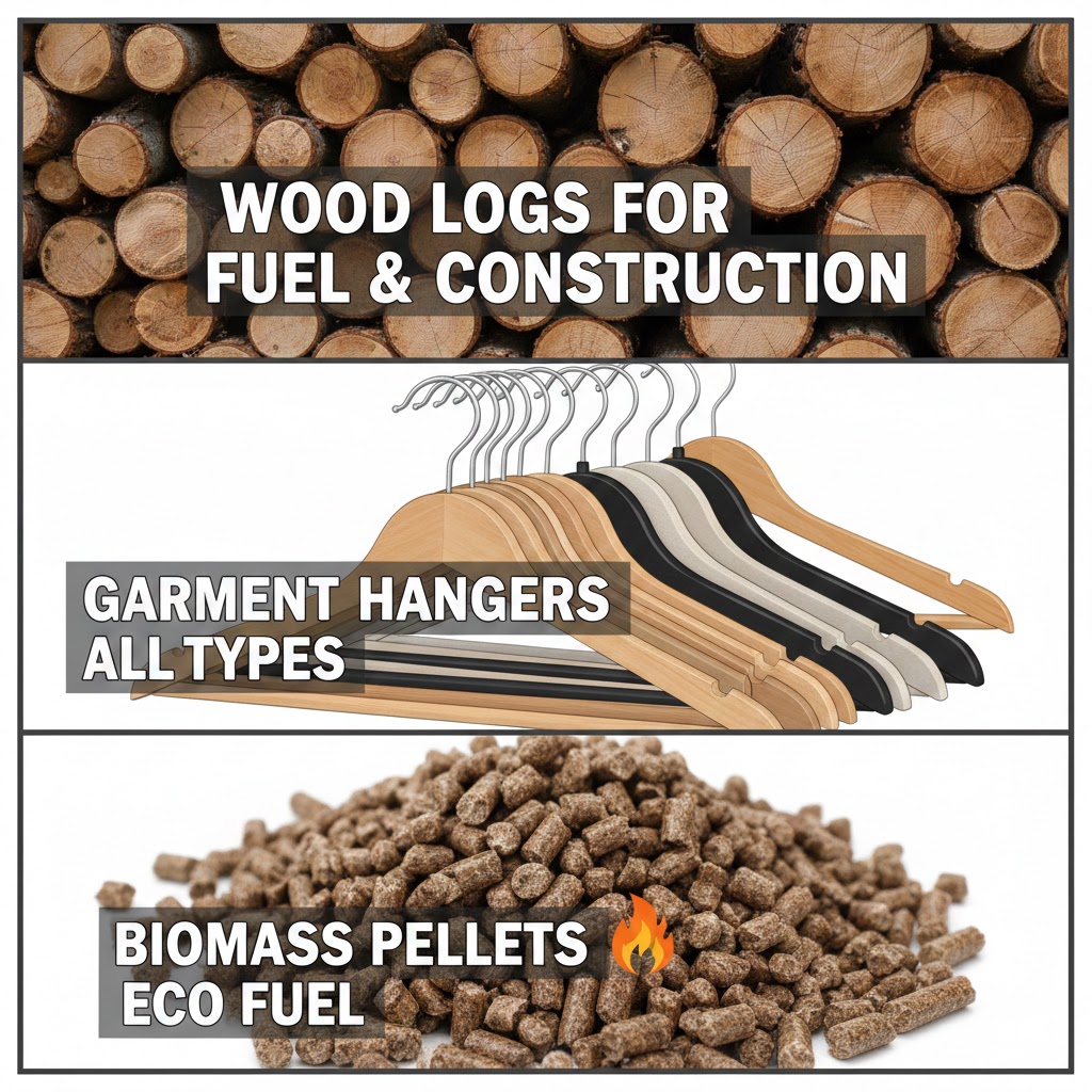  wood logs, garment hangers & biomass pellets