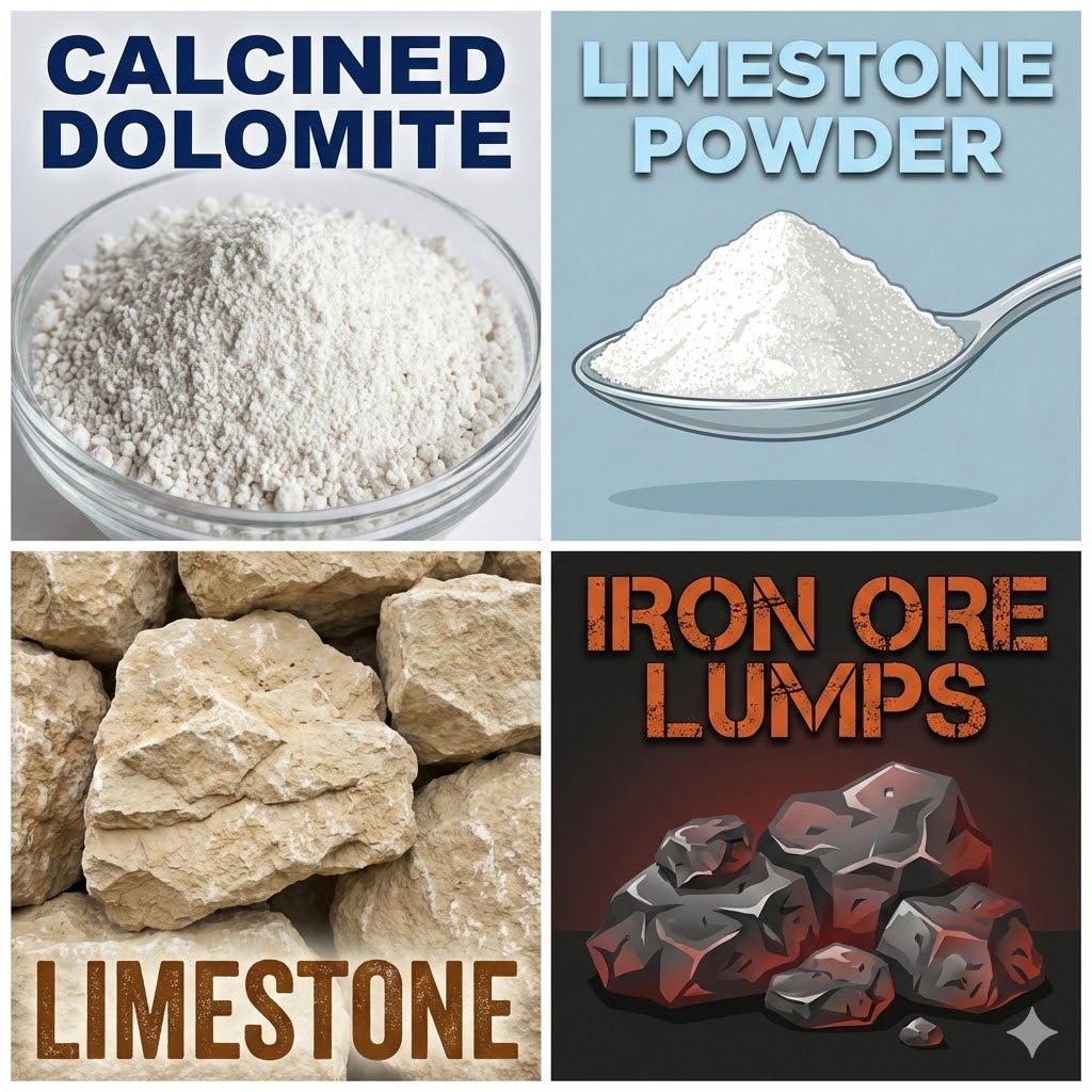 Calcined Dolomite, Limestone Powder, Limestone, Iron Ore Lumps, etc.