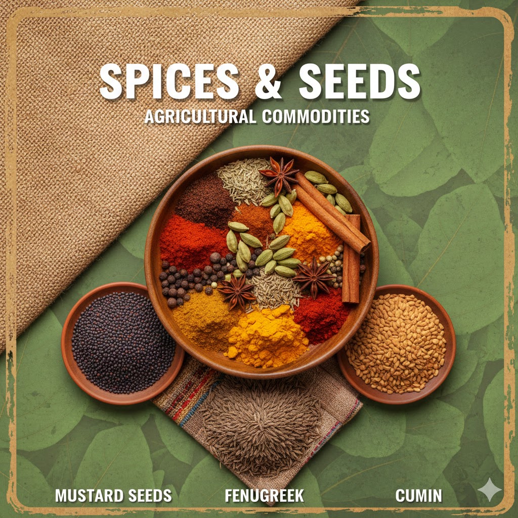 spices, seeds, and agricultural commodities like mustard seeds, fenugreek, and cumin.