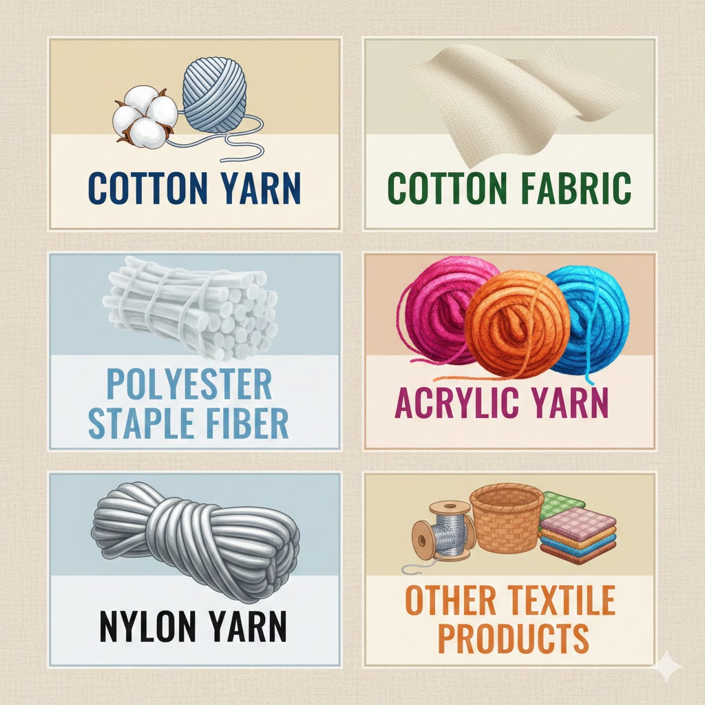 cotton yarn, cotton fabric, polyester staple fiber, acrylic yarn, nylon yarn & other products