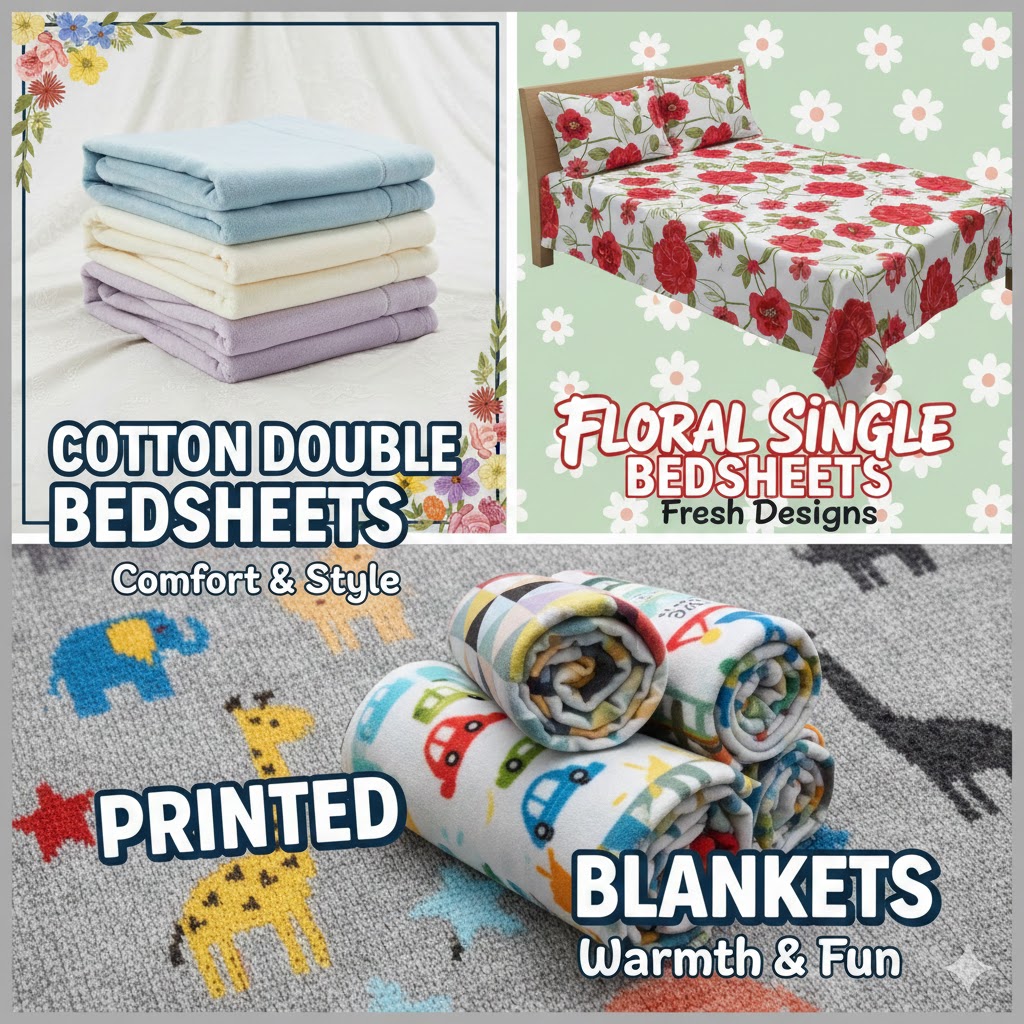 cotton double bedsheets, floral single bedsheets & printed blankets 