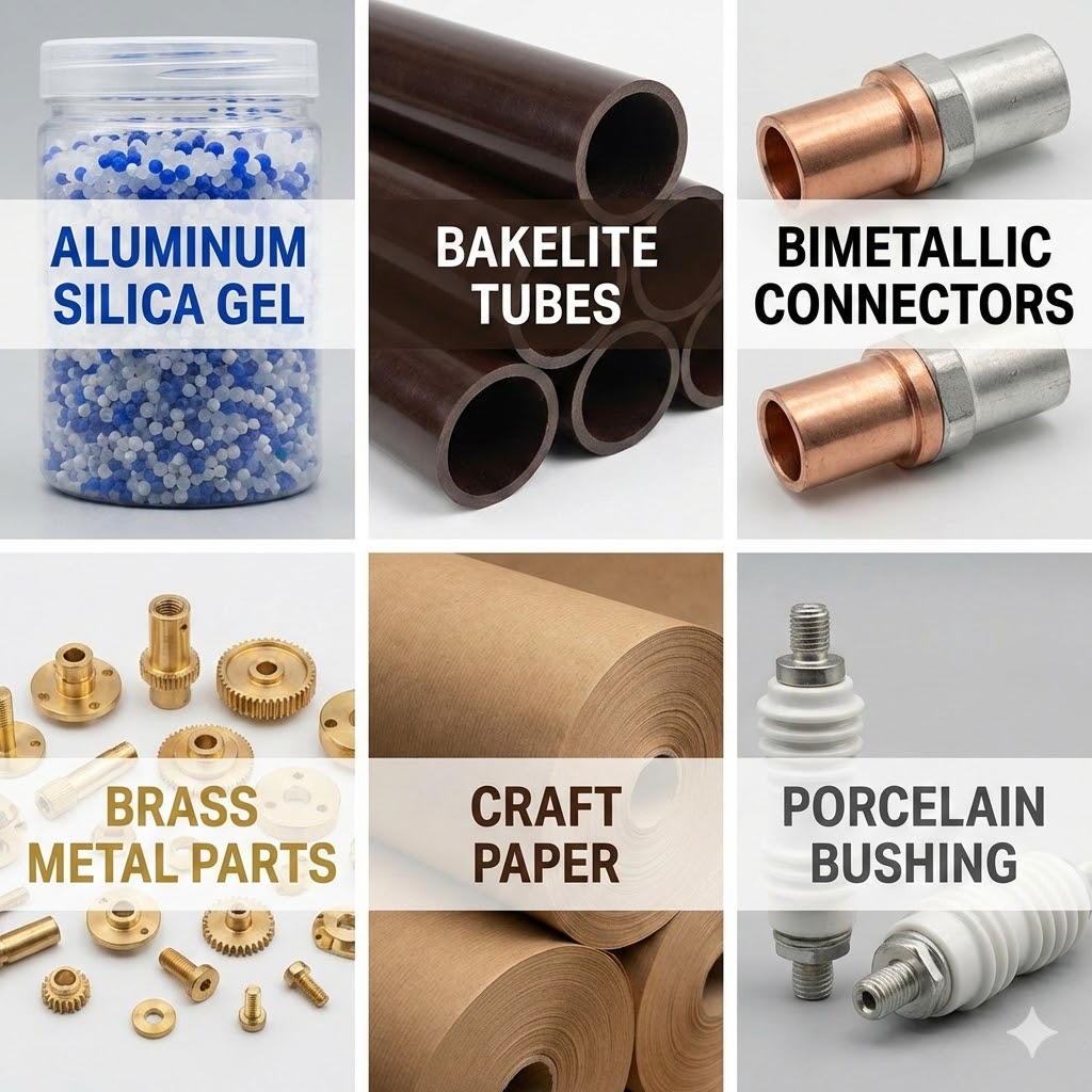 Aluminum Silica Gel, Bakelite Tubes, Bimetallic Connectors, Brass Metal Parts, Craft Paper and Porcelain Bushing