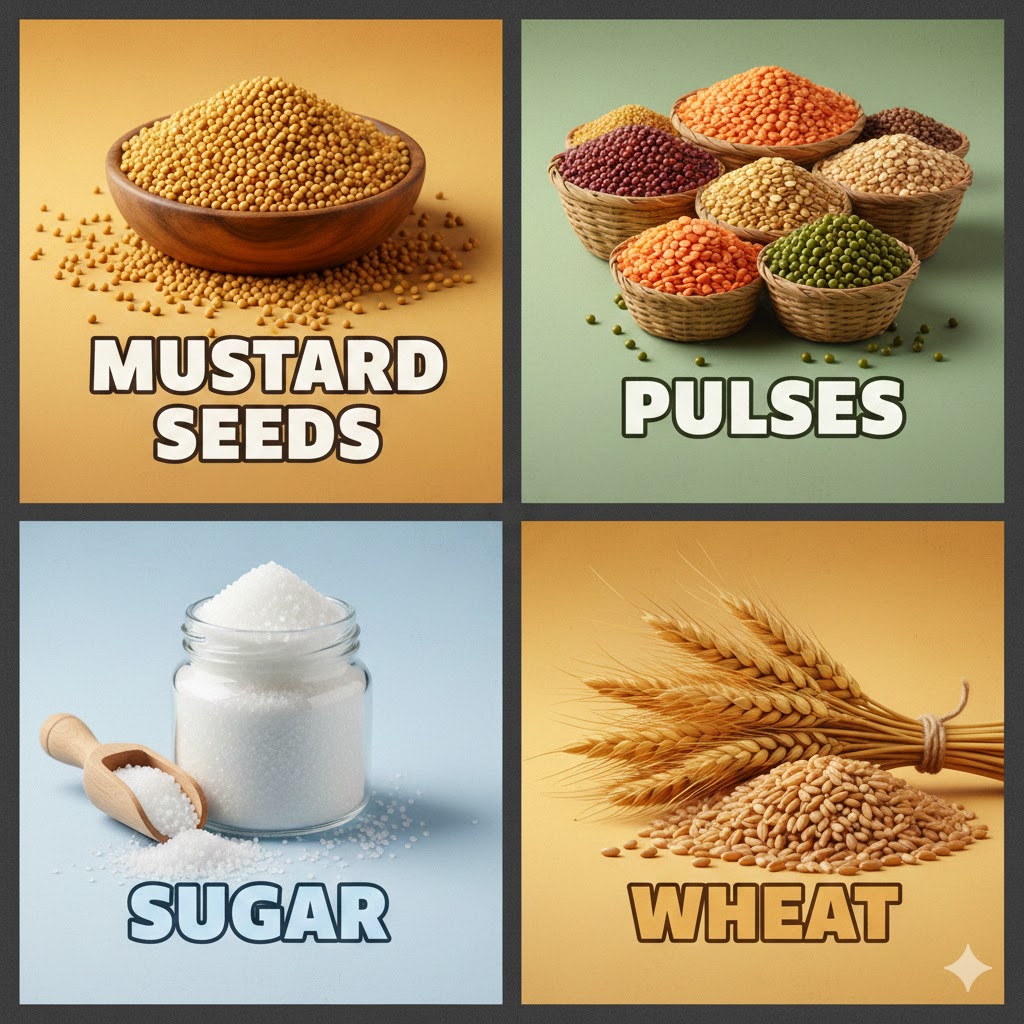  mustard seeds, pulses, sugar & wheat