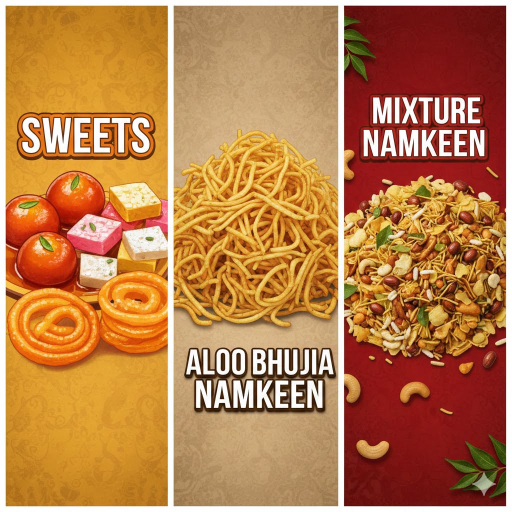 sweets, aloo bhujia namkeen & mixture namkeen