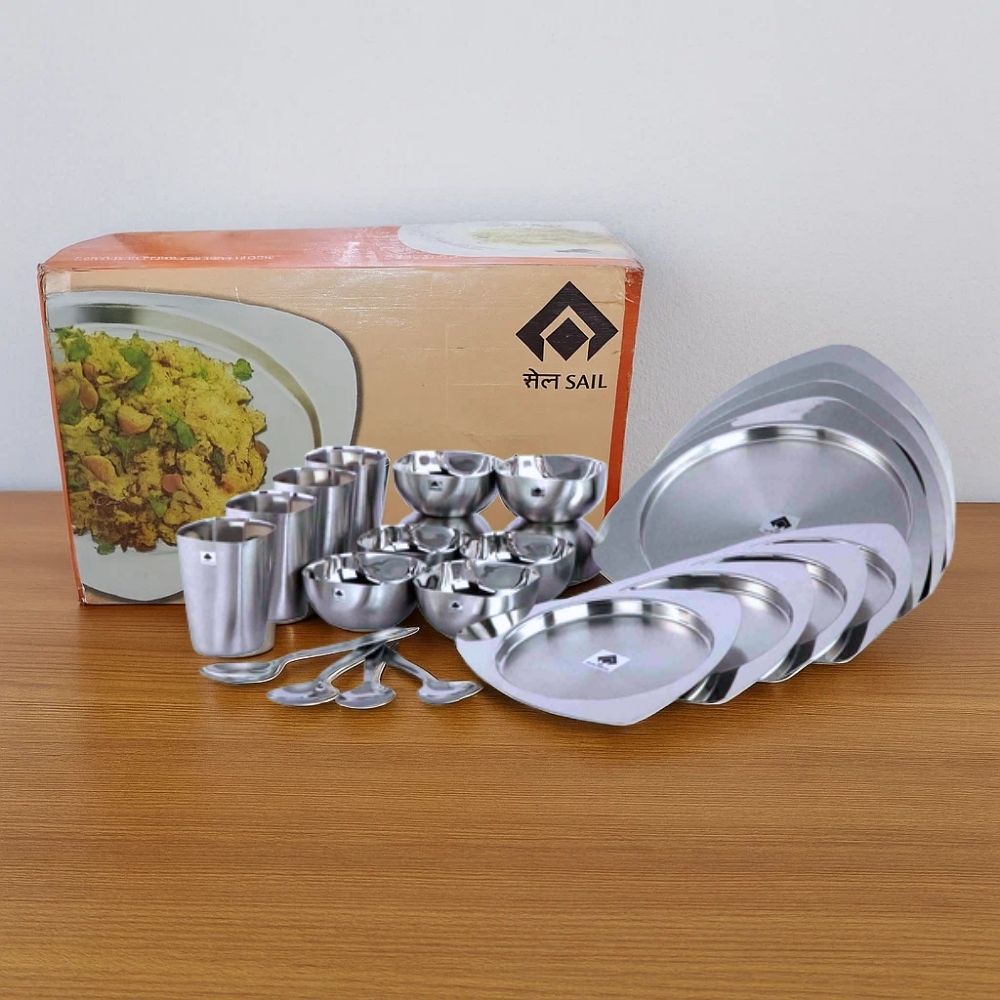 24 Pc Dinner Set- Symphony Stainless Steel Dinner Set, Designer Set Manufactured by Steel Authority of india(SAIL), Sail Salem, Tableware, Triangle Plates, Designer Dinner Set, Matte Finish, Set for 4, Rust and Crack Free