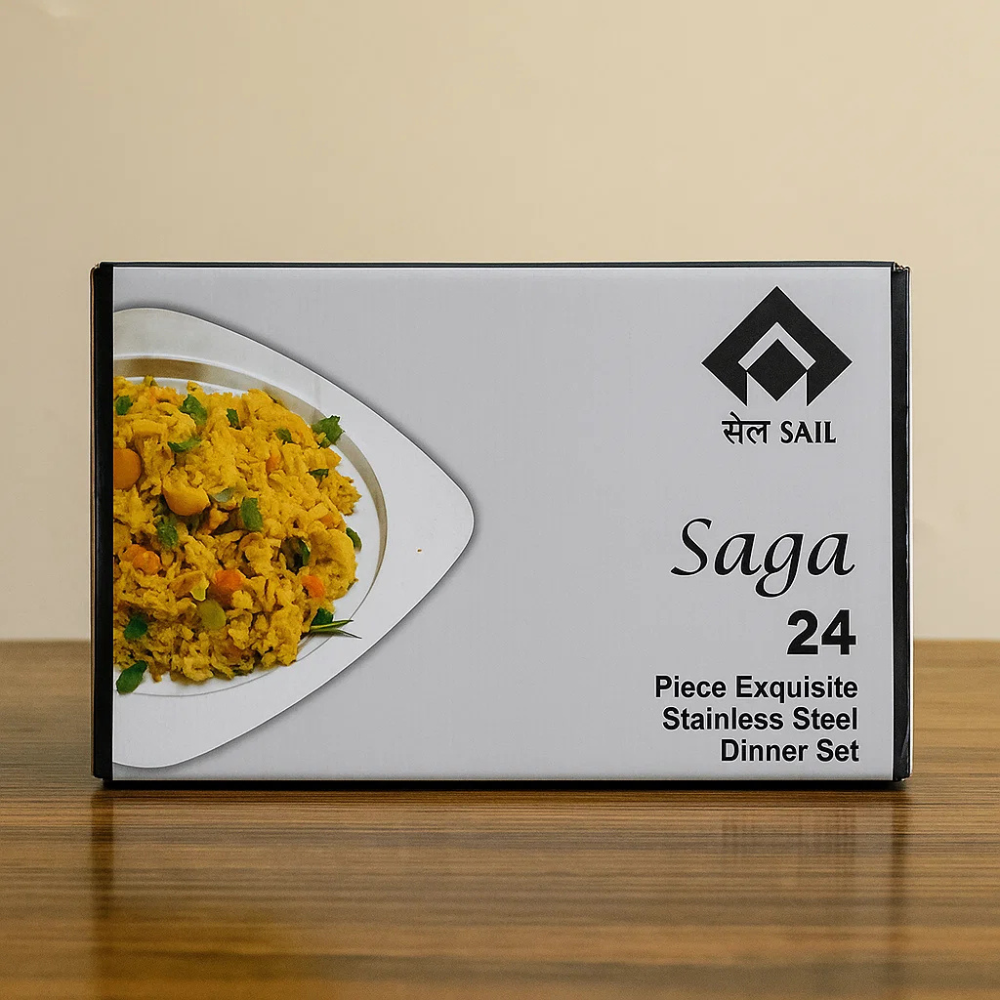 Stainless Steel Dinner Set Saga 24 Pcs, Designer Set Manufactured by Steel Authority of india(SAIL), Sail Salem, Tableware, Square Plates, Designer Dinner Set, Matte Finish, Set for 4, Rust and Crack Free