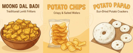 moong dal badi, potato chips & potato papad