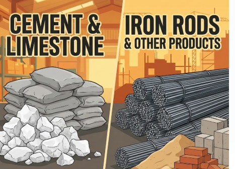  cement, limestone, iron rod & other products