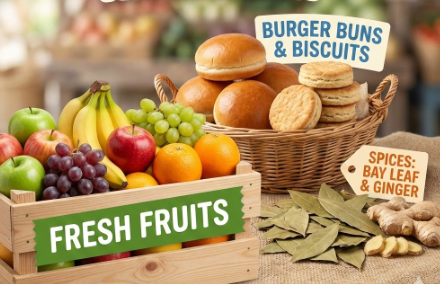  the best range of fresh fruits, burger bun, biscuit, bay leaf & ginger