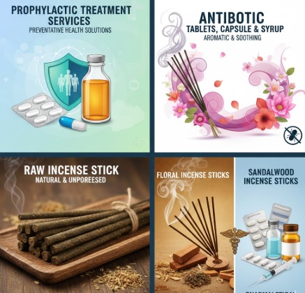  prophylactic treatment services, antibiotic tablets, capsule & syrup, floral incense sticks, raw incense stick, sandalwood incense sticks & pharmaceutical medicine 