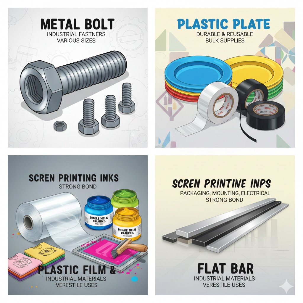 metal bolt, plastic plate, self adhesive tapes, screen printing inks, plastic film & flat bar