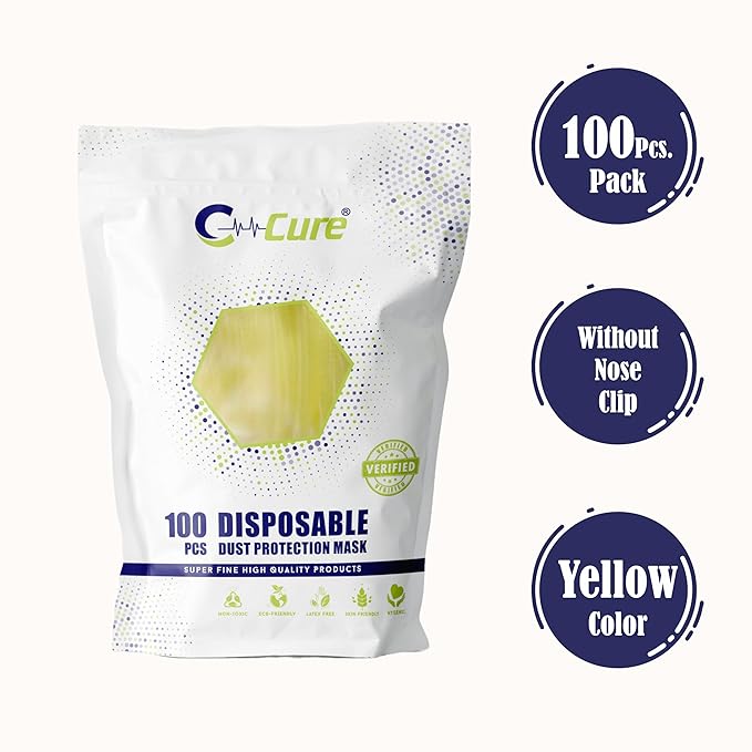 C-Cure Disposable Dust Mask | Yellow Dust Mask with Head Loop | Thick Foam Middle Layer for dust & Pollution Protection| Without Nose Pin | Pack of 100 Pcs