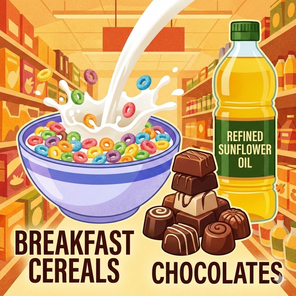  breakfast cereals, chocolates & refined sunflower oil