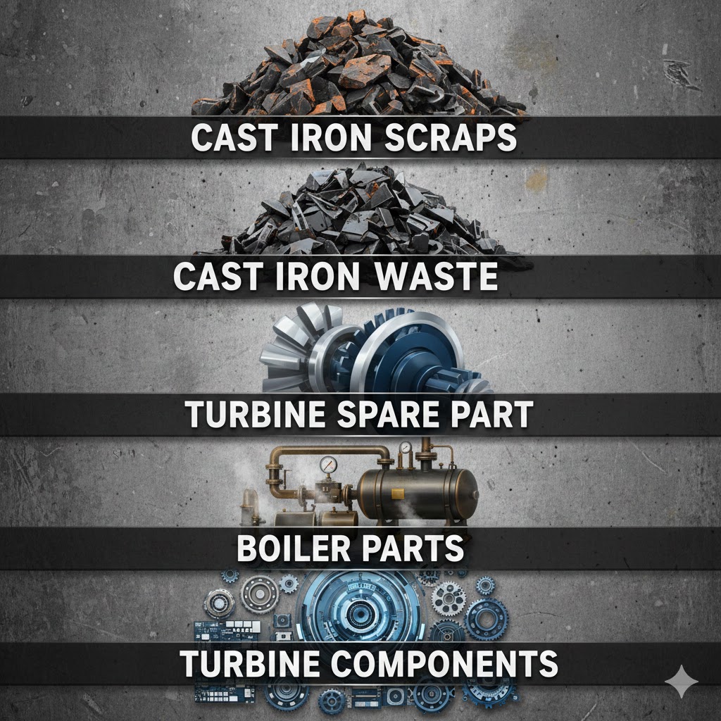 products which include Cast Iron Scraps, Cast Iron Waste, Turbine Spare Part, Boiler Parts and Turbine Components.