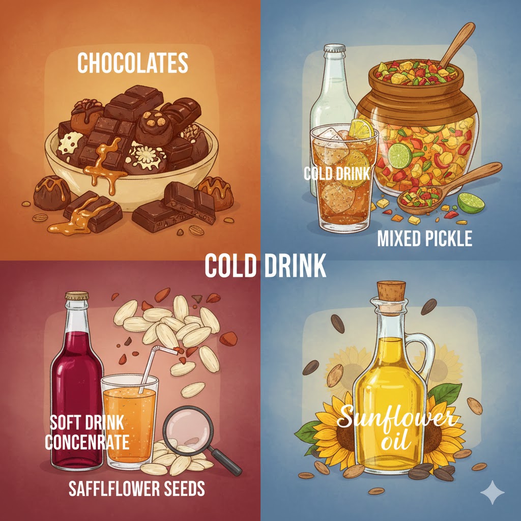  chocolates, cold drink, mixed pickle, soft drink concentrate, safflower seeds & sunflower oil 