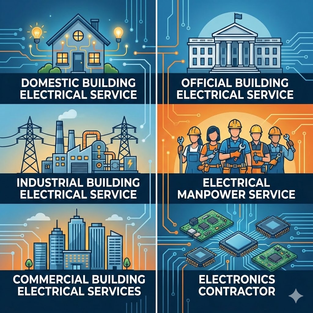  Domestic Building Electrical Service, Industrial Building Electrical Service, Commercial Building Electrical Services, Official Building Electrical Service, Electrical Manpower Service and Electronics Contractor