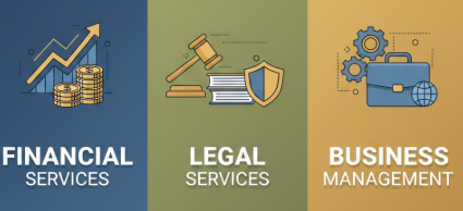 professional services - financial, legal, and business management services like GST returns, TDS returns, income tax filing, auditing, bookkeeping, tax consulting, balance sheet preparation, fund sourcing, and business registration