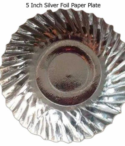 5 Inch White Plain Paper Plate, 5 Inch Silver Foil Paper Plate, 12 Inch Silver Foil Paper Plate, 10 Inch Silver Foil Paper Plate and 12 Inch Yellow Printed Paper Plate