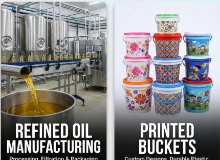 refined oil manufacturing, printed buckets 