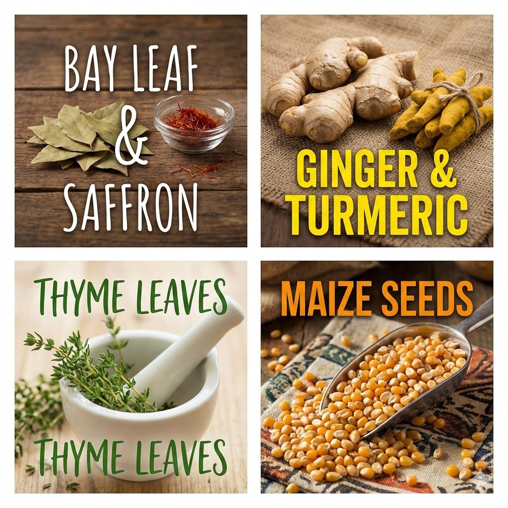  bay leaf, ginger, saffron, thyme leaves, turmeric finger & maize seeds