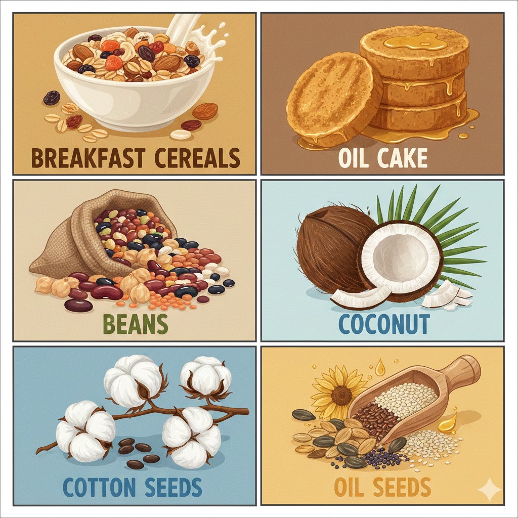  breakfast cereals, oil cake, beans, coconut, cotton seeds & oil seeds 