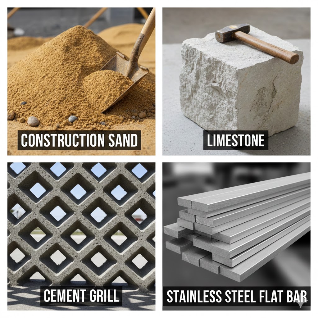 construction sand, limestone, cement grill, stainless steel flat bar & flat bar 