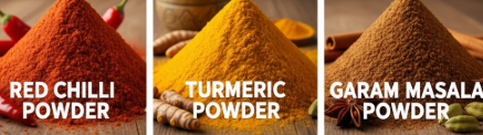 red chilli powder, garam masala powder & turmeric powder 
