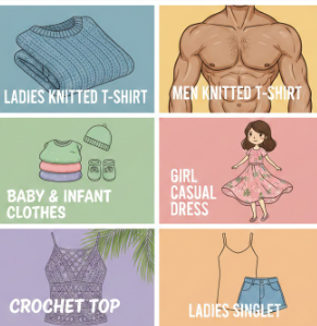  ladies knitted t-shirts, men knitted t shirt, baby & infant clothes, girl casual dresses, crochet top & ladies singlet 
