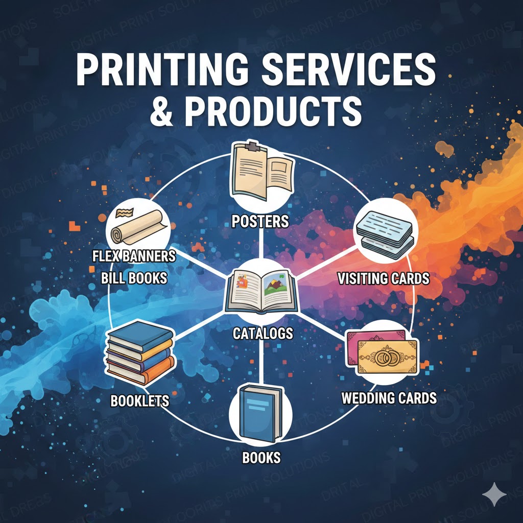 offering  printing services and products like flex banners, posters, bill books, visiting cards, catalogs, booklets, books, and wedding cards