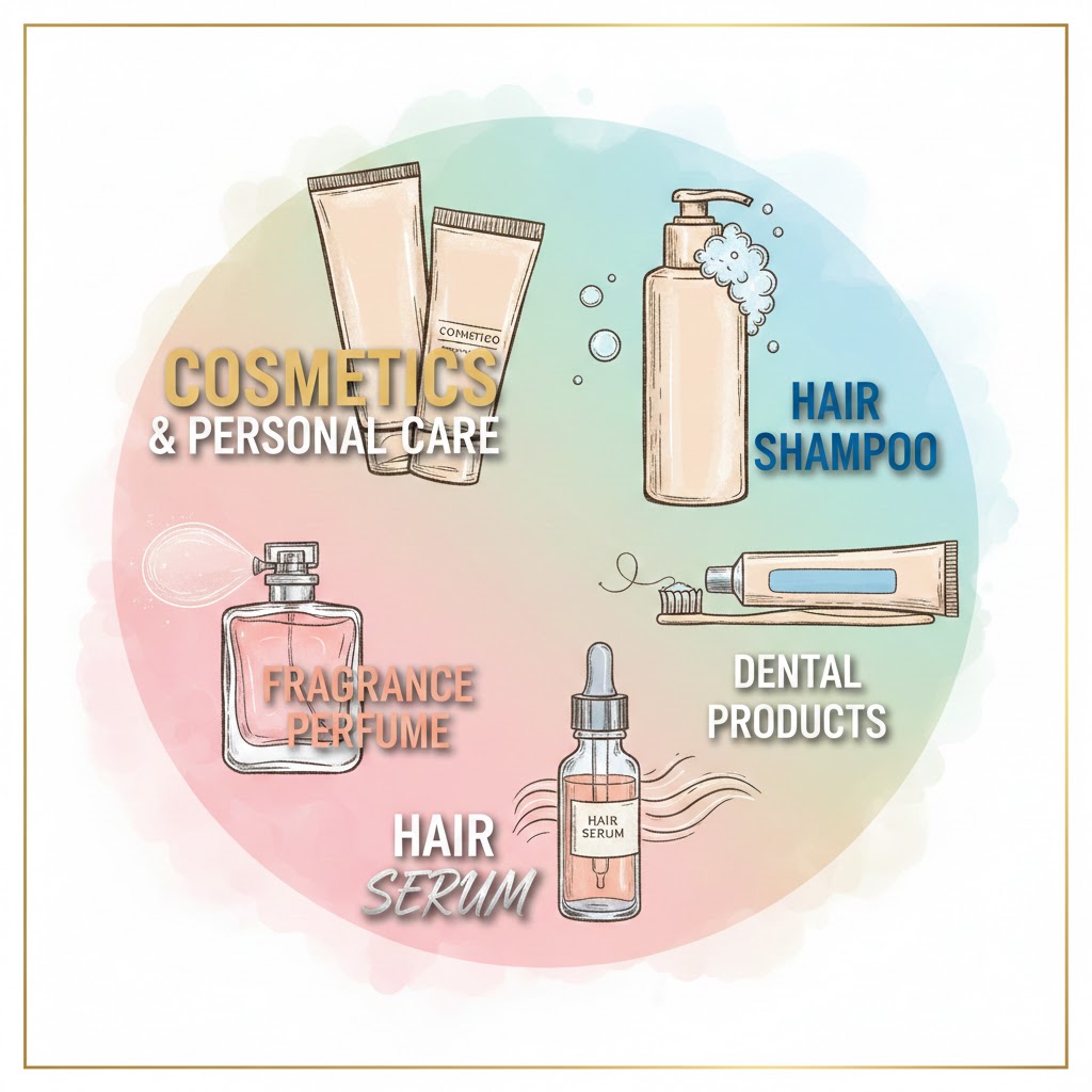 cosmetics, personal care, fragrance perfume, hair shampoo, dental products & hair serum