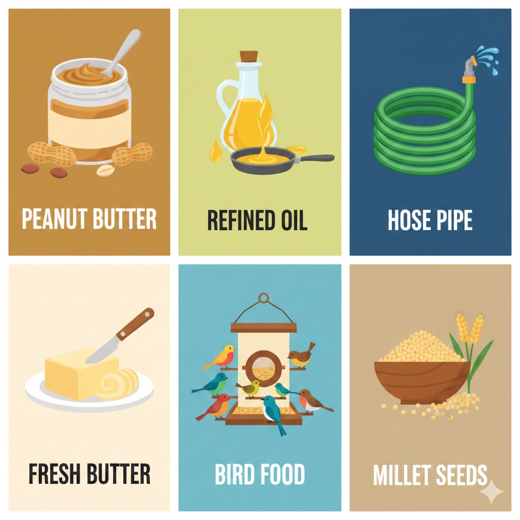 peanut butter, refined oil, hose pipe, fresh butter, bird food & millet seeds 