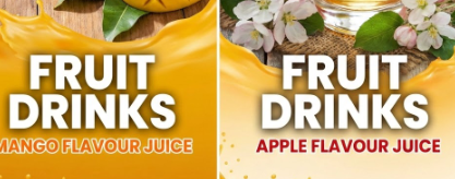  fruit drinks/juice, mango flavour & apple flavour