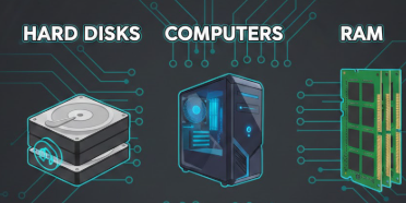 computers pheripherals, hard disks and RAM.