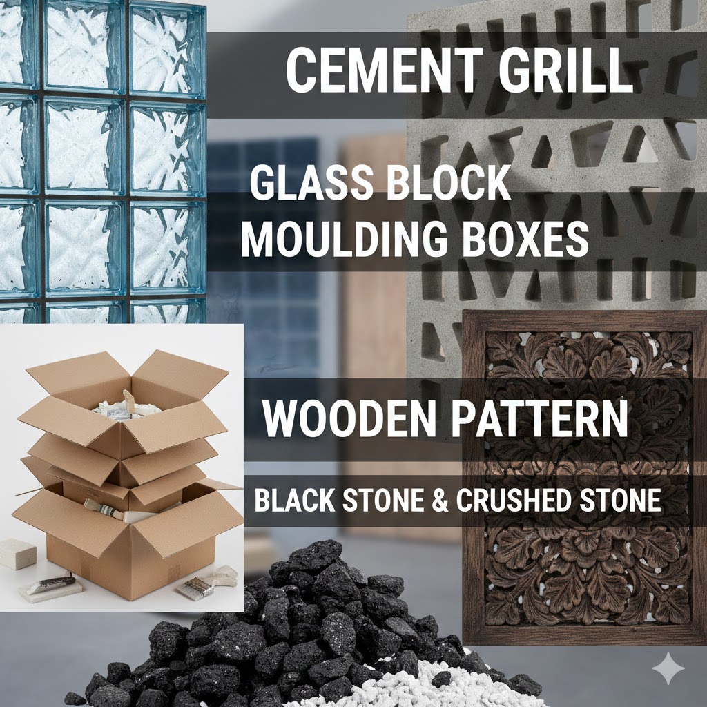 cement grill, glass block, moulding boxes, wooden pattern, black stone & crushed stone