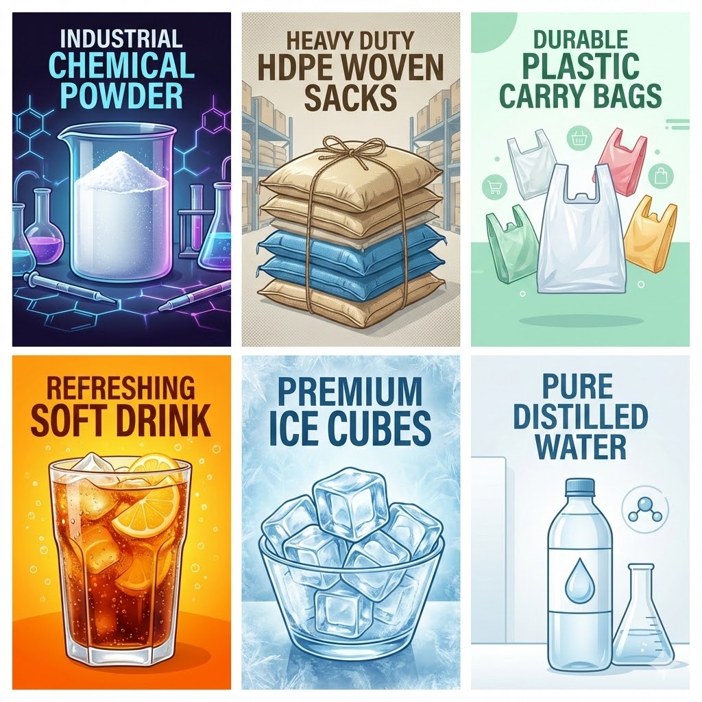 chemical powder, hdpe woven sacks, plastic bag, soft drink, ice cubes & distilled water 
