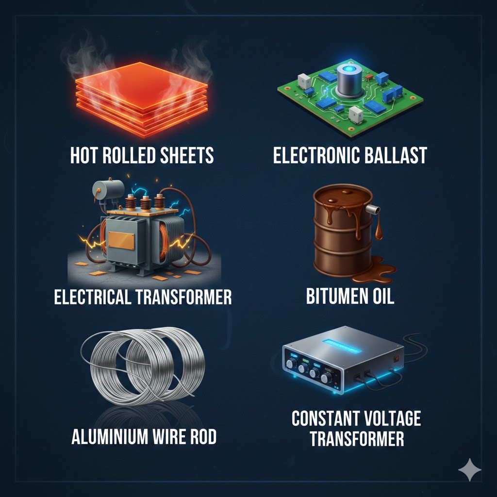 hot rolled sheets, electronic ballast, electrical transformer, bitumen oil, aluminium wire rod & constant voltage transformer 