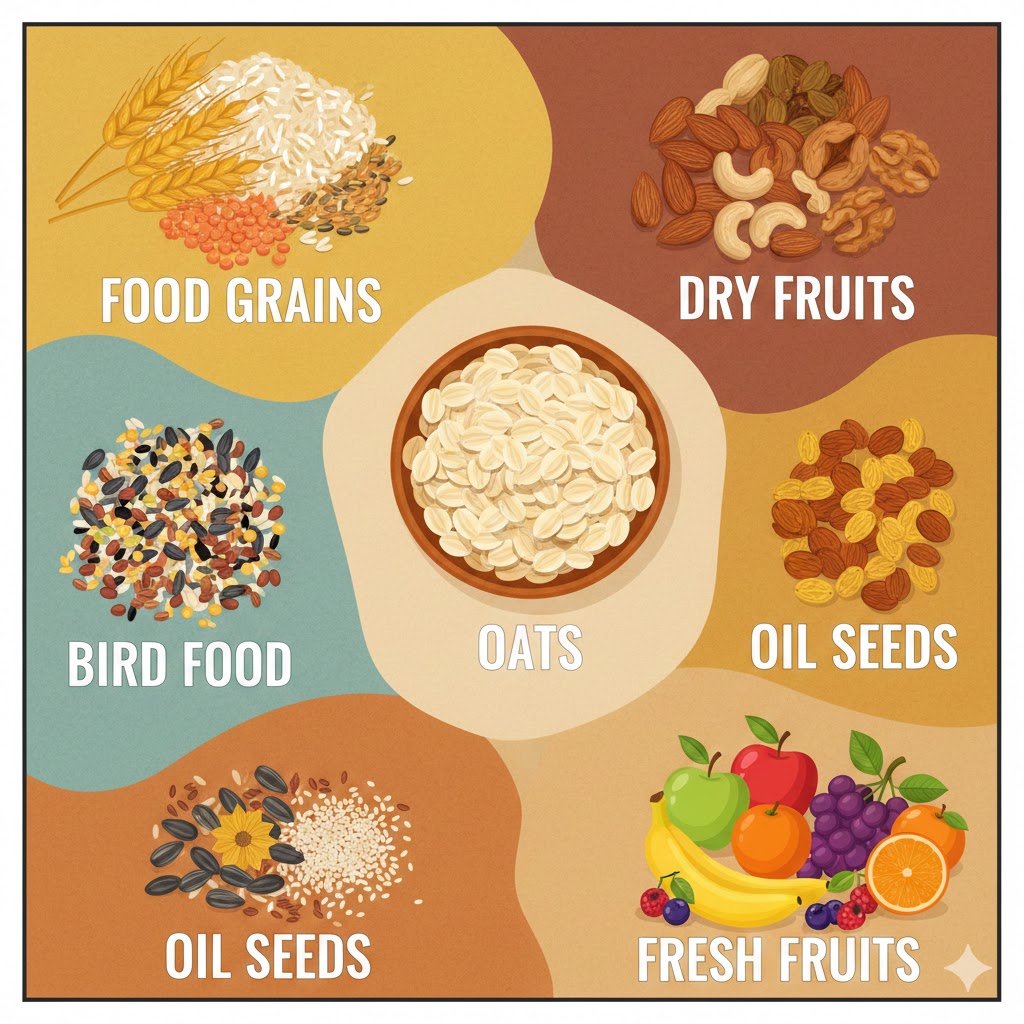 food grains, dry fruits, bird food, oats, oil seeds & fresh fruits 