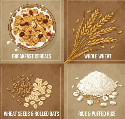  breakfast cereals, wheat, wheat seeds, rolled oats & rice 