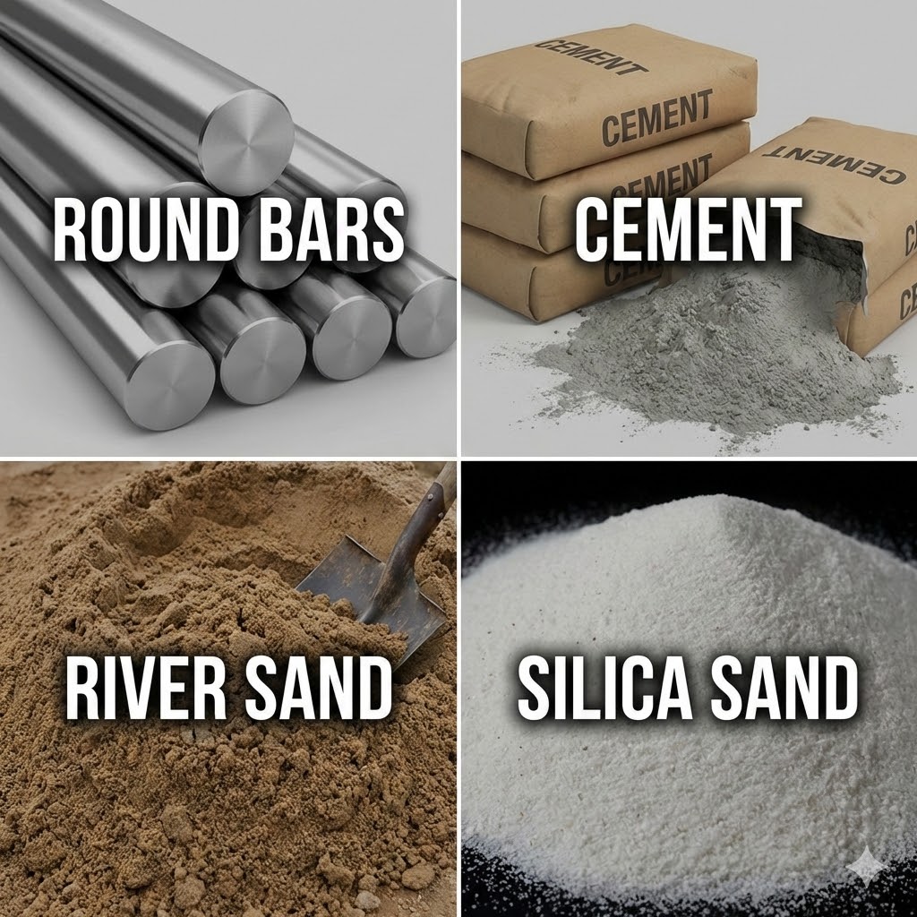  the best range of round bars, cement, river sand & silica sand 