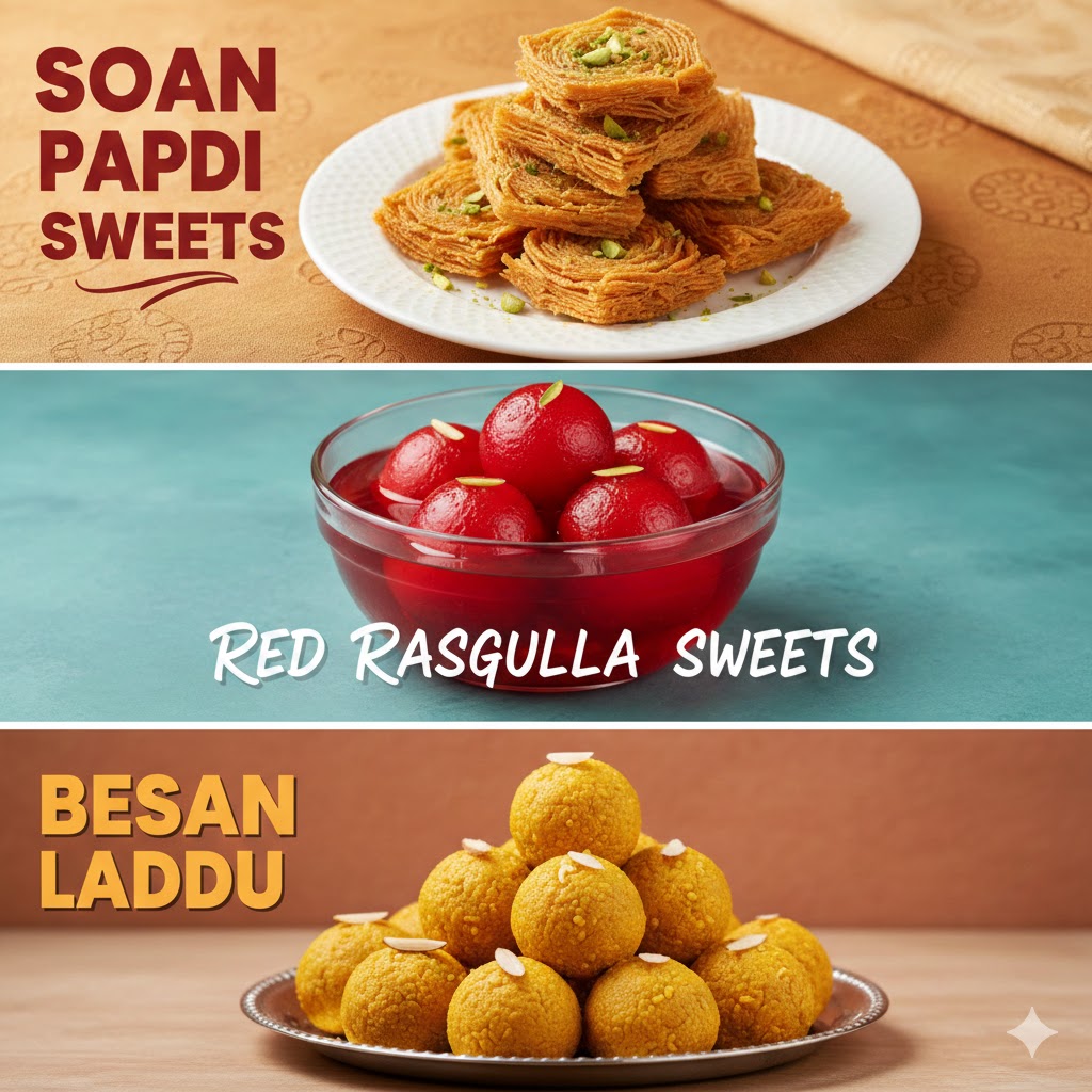 soan papdi sweets, red rasgulla sweets & besan laddu 