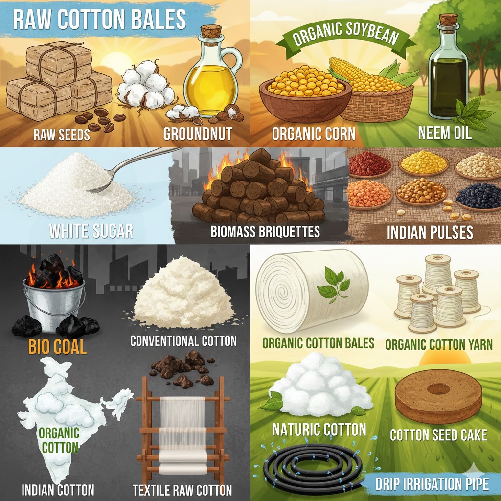 Raw Cotton Bales, Cotton Seeds, Raw Cotton, Groundnut Oil, Neem Oil, Biomass Briquettes, Organic Soybean, Organic Corn, Indian Pulses, White Sugar, Organic Cotton Bales, Organic Cotton Yarn, Bio Coal, Conventional Cotton, Cotton Seed, Indian Cotton, Industrial Raw Cotton, Natural Raw Cotton, Organic Cotton, Textile Raw Cotton, Cotton Seed Cake, Drip Irrigation Pipe