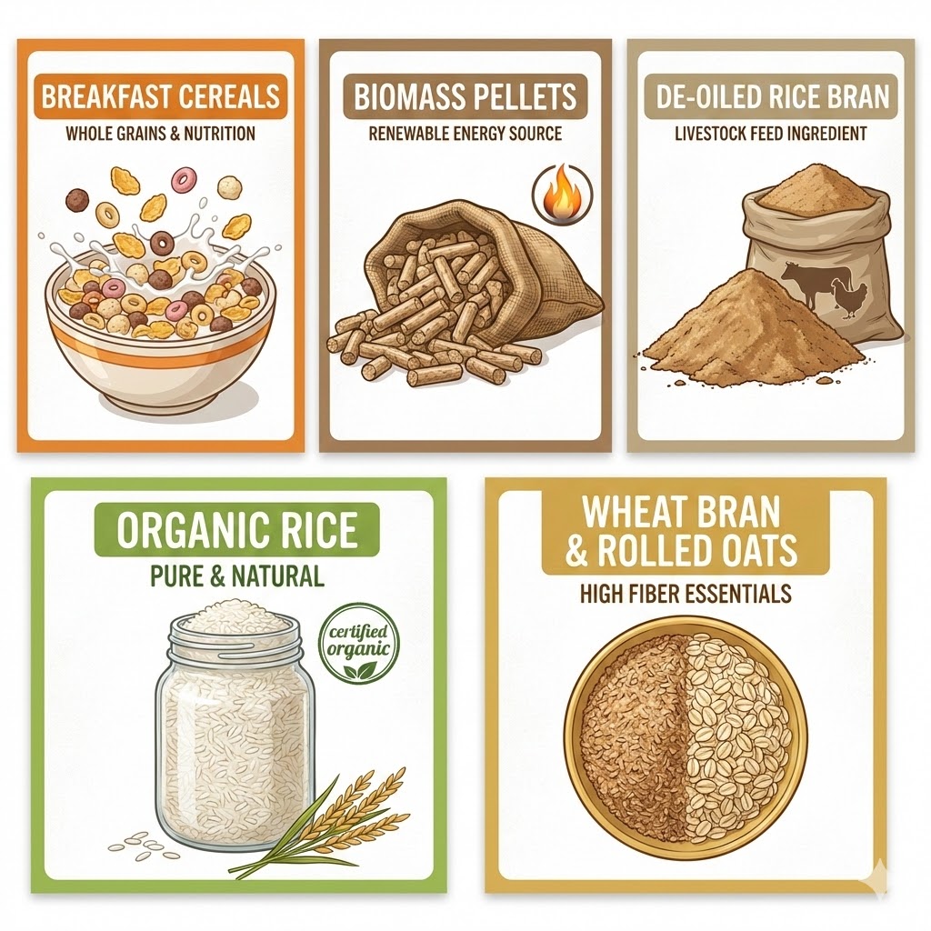  breakfast cereals, biomass pellets, de oiled rice bran, organic rice, wheat bran & rolled oats