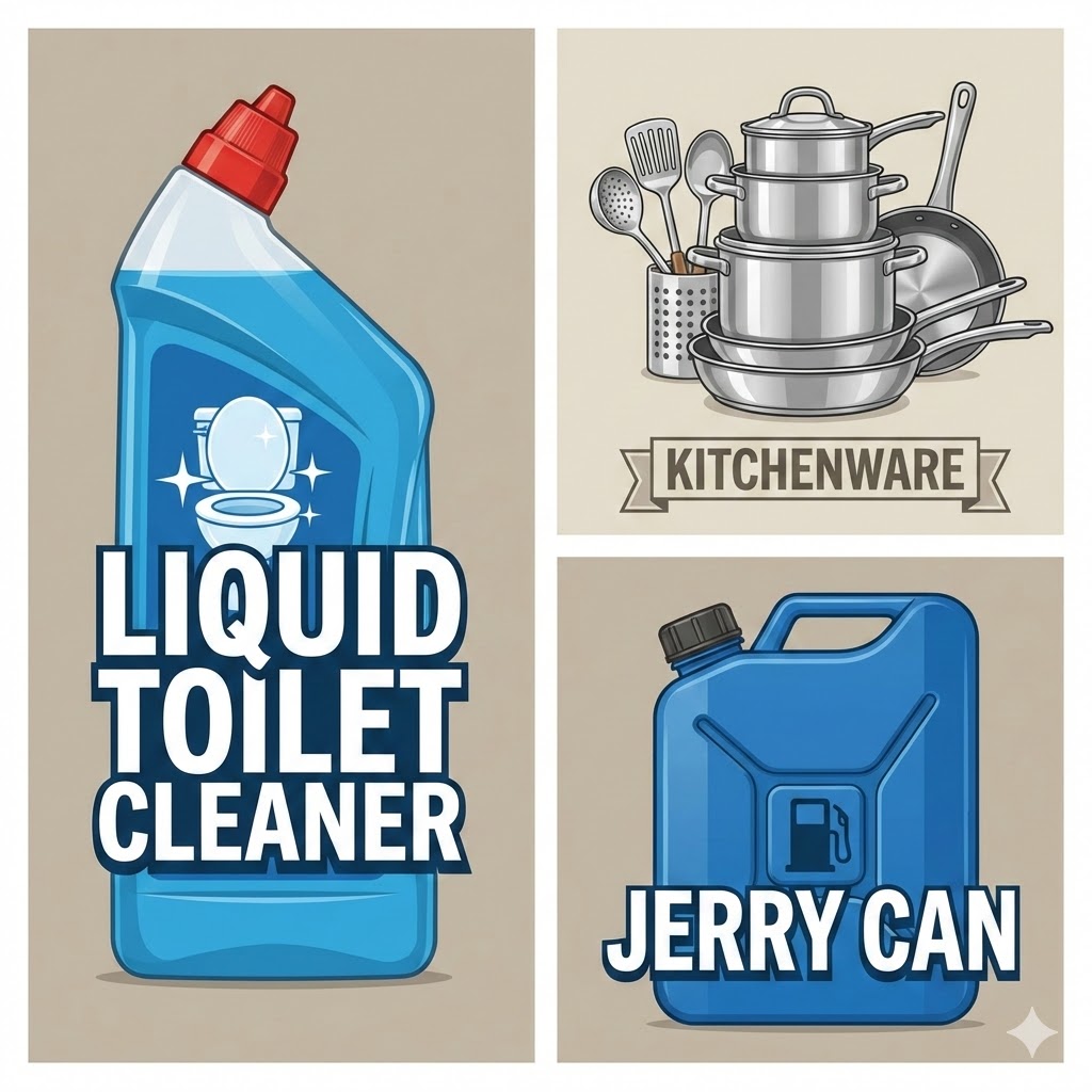 liquid toilet cleaner, kitchenware & jerry can 