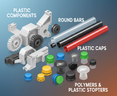 plastic components, round bars, plastic cap, polymers & plastic stopper