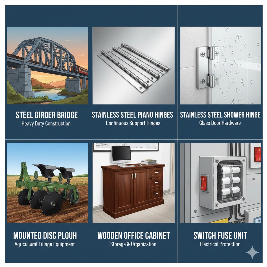 steel girder bridge, stainless steel piano hinges, stainless steel shower hinge, mounted disc plough, wooden office cabinet & switch fuse unit 