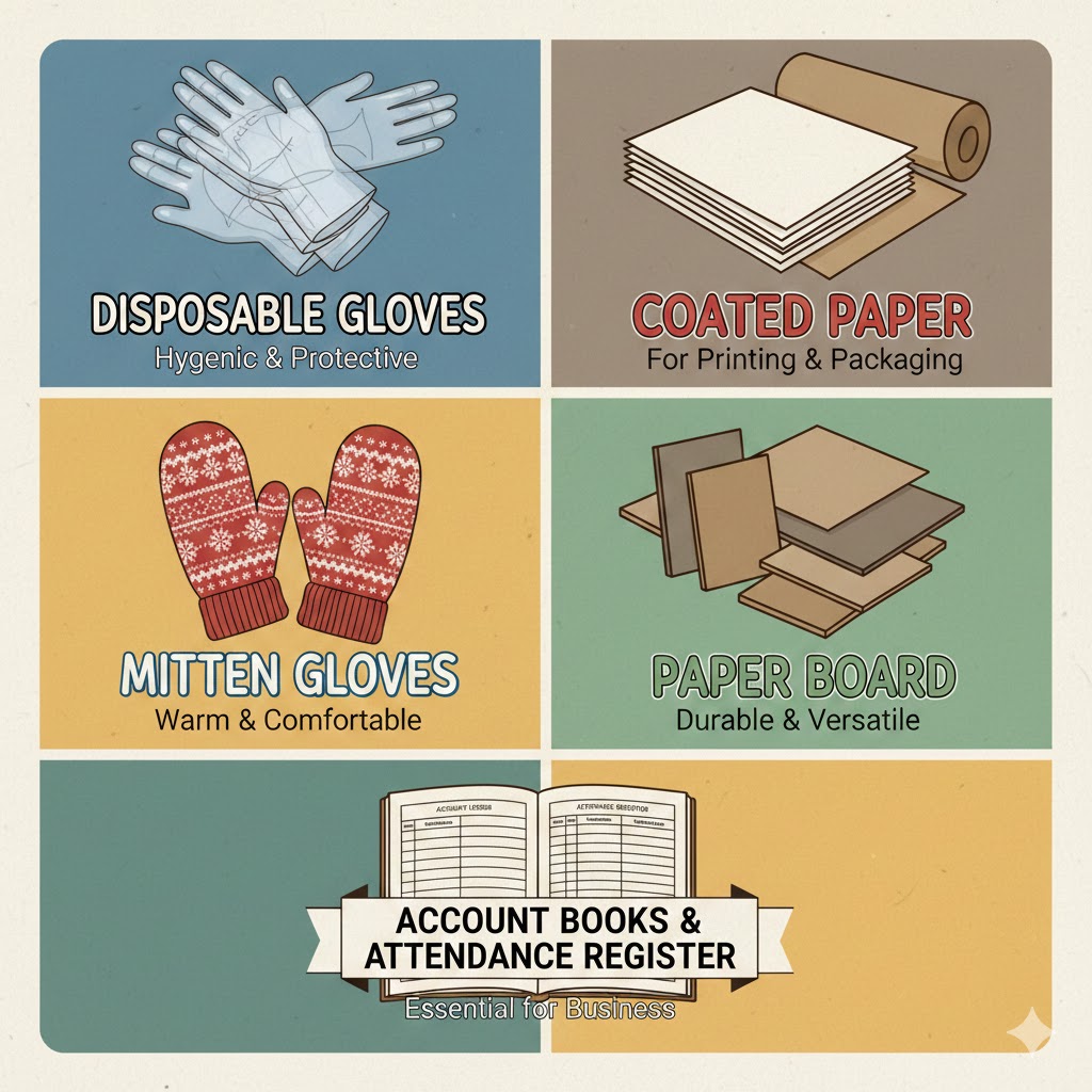  disposable gloves, coated paper, mitten gloves, paper board, account books & attendance register