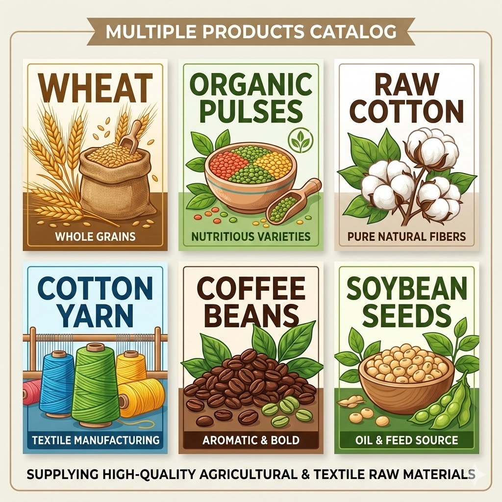  wheat, organic pulses, cotton, cotton yarn, coffee beans & soybean seeds