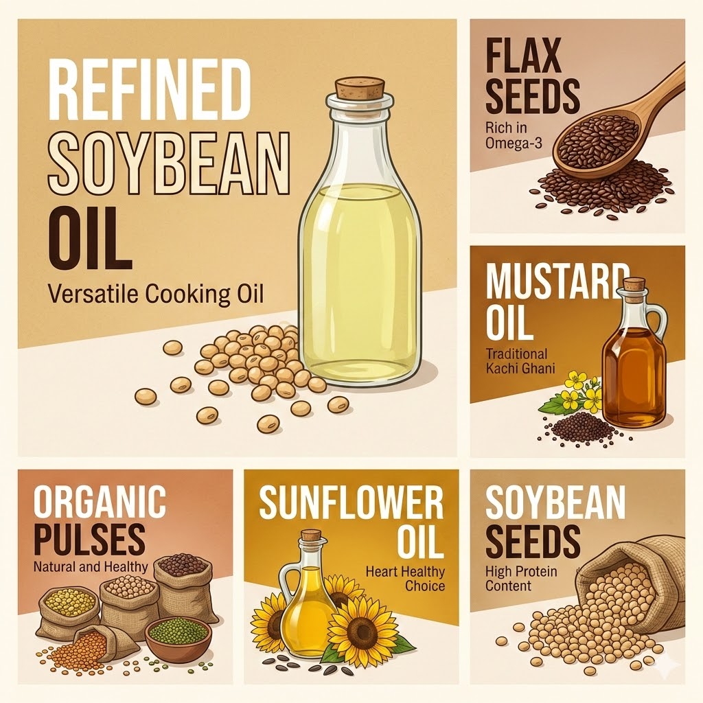  refined soybean oil, flax seeds, mustard oil, organic pulses, sunflower oil & soybean seeds 