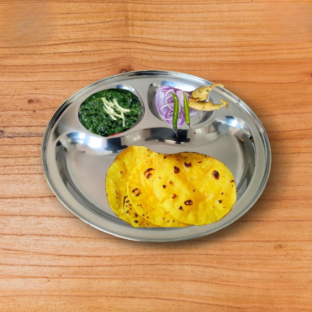 Steel Compartment Round Plate 3 in 1, Lunch Plate, SAIL SALEM Compartment Plate, Steel Authority of India Ltd.,304 Grade Stainless Steel Plate, Sturdy & Crack Free Compartment Plate, 3 Compartment Plate, Mickey Mouse Shape Plate, Kids Lunch Plate