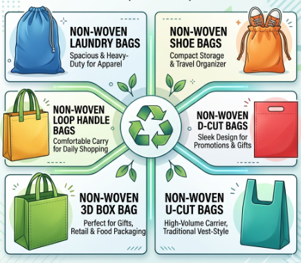 Non Woven Laundry Bags, Non Woven Loop Handle Bags, NON WOVEN 3D BOX BAG, Non Woven Shoe Bags, Non Woven D Cut Bags, Non Woven U Cut Bags etc.